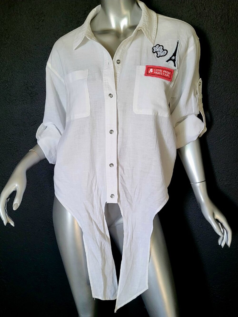 NWT~$90~KARL LAGERFELD~SZ M~WHITE ROLL TAB SLEEVE SHIRT TOP BLOUSE PARIS LOGO - Picture 13 of 16